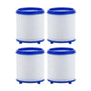 Two white cylindrical filters with blue caps and bases for a 360° rotating faucet water purifier