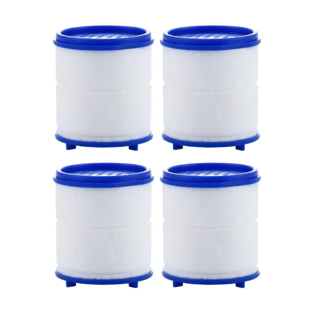 Two white cylindrical filters with blue caps and bases for a 360° rotating faucet water purifier