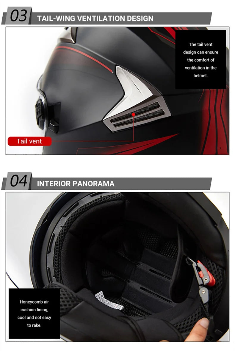 Close-up view of a motorcycle helmet showing the tail vent design and interior panoramic features.