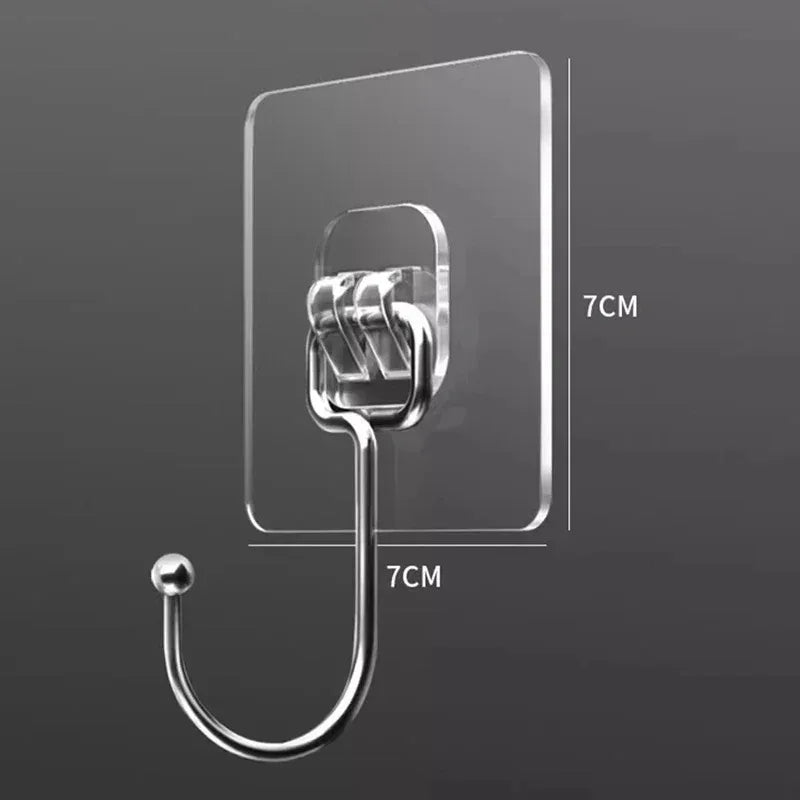 Clear self-adhesive rotating wall hooks with a curved handle for storage