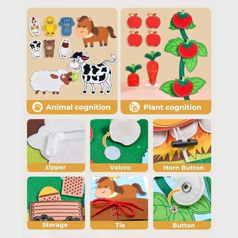 A set of Montessori farm animal busy book components including animals, zippers, velcro, storage boxes, ties, and buttons.