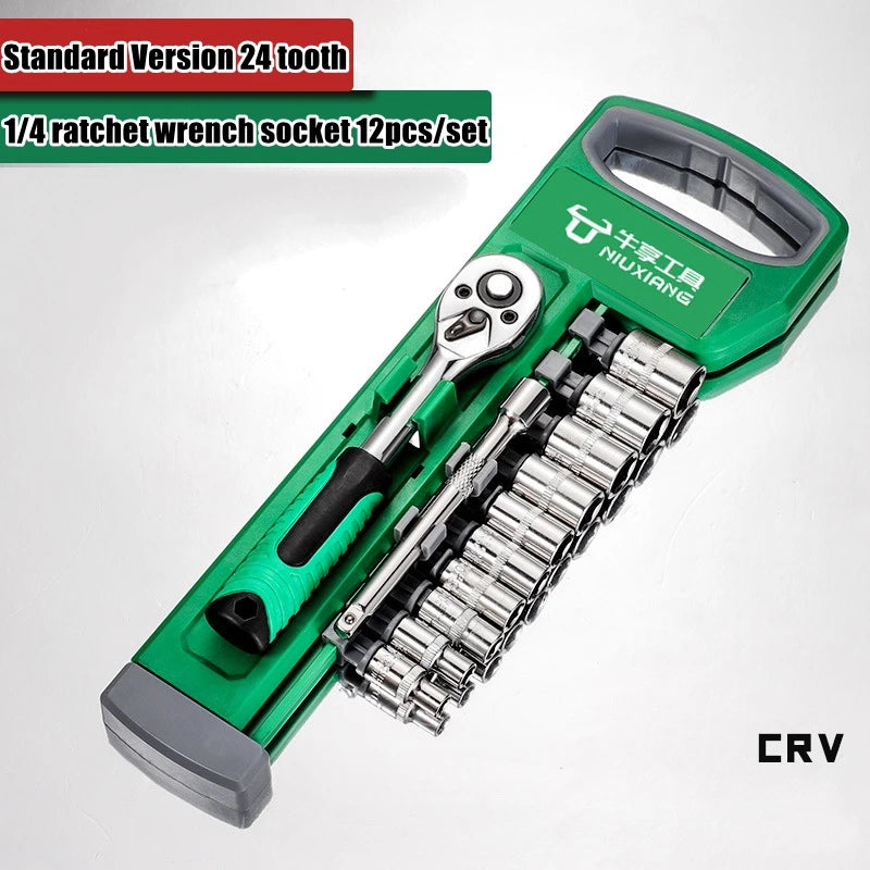 A green chrome vanadium socket set with a quick-release ratchet and 12 pieces of sockets is shown in a close-up view.
