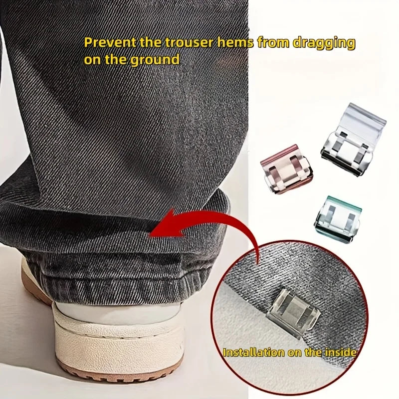 Invisible pant hem clips used to prevent trousers from dragging on the ground