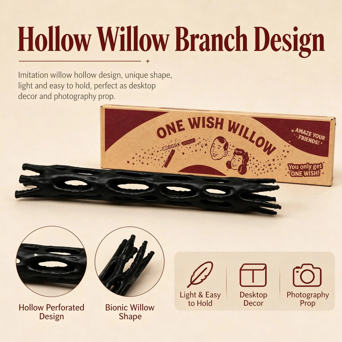 A black willow branch design product featuring a hollow perforated shape used as a desktop decor or photography prop.