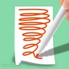A hand holds a white marker drawing a bright orange spiral on a piece of white paper.