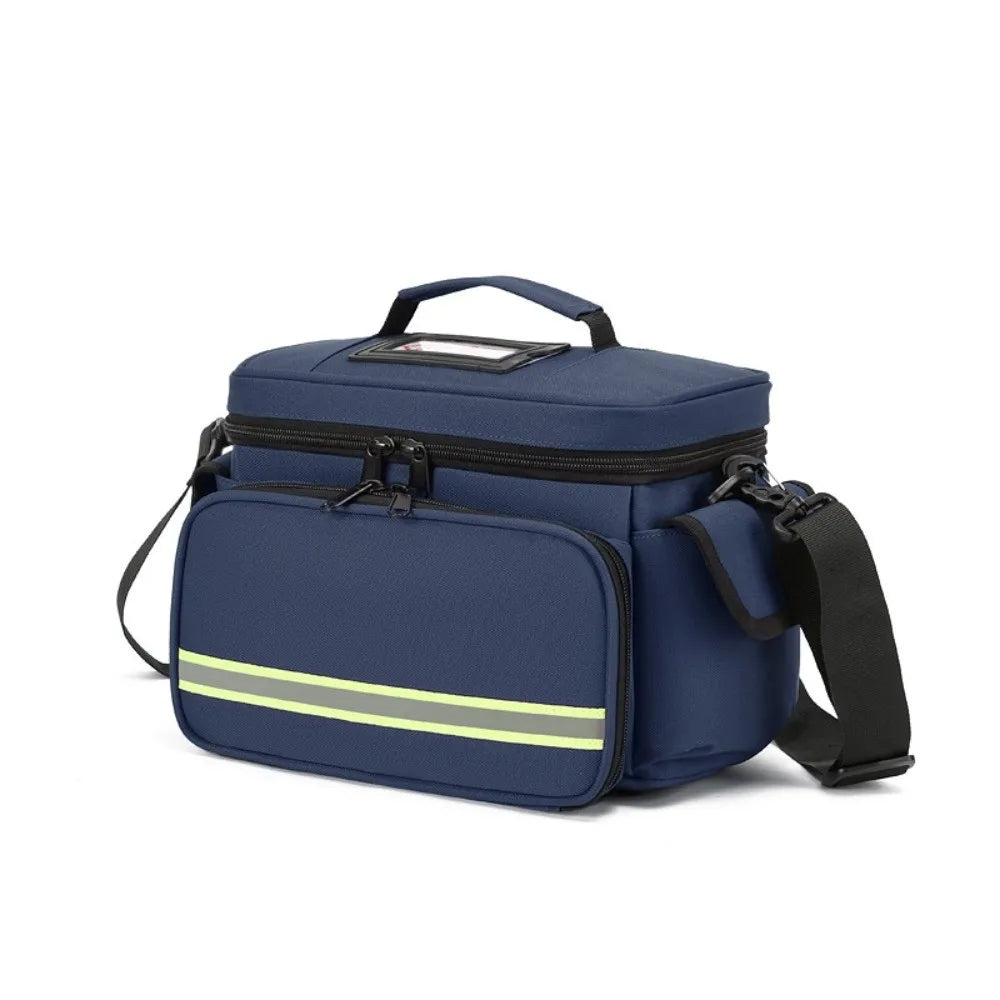 A navy blue waterproof double-layer trauma and first aid bag with a yellow stripe detail.