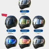 A collection of motorcycle helmet visor lenses showing various colors and tints including anti-fog, gold, silver, blue, red, 