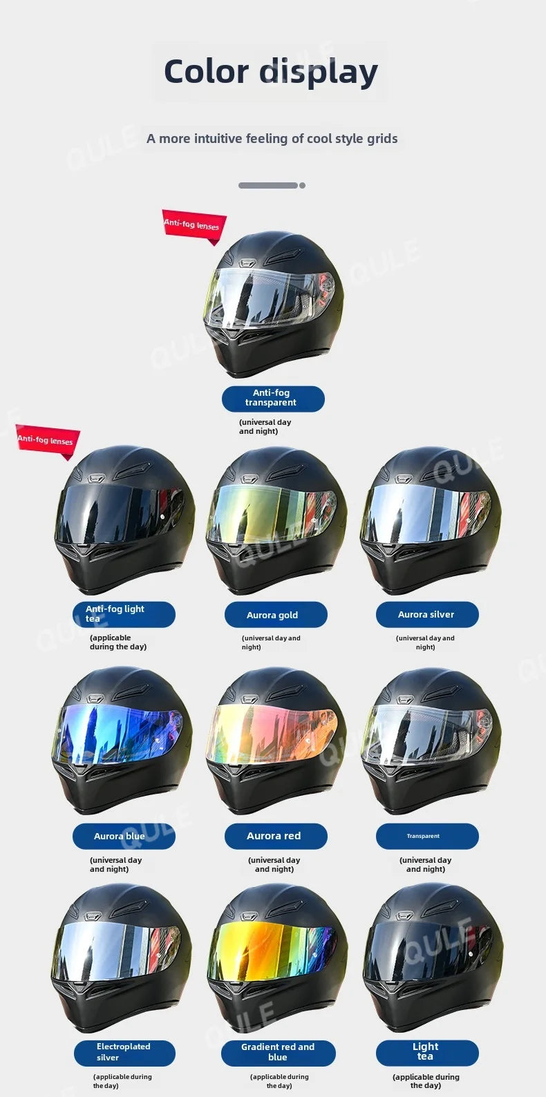 A collection of motorcycle helmet visor lenses showing various colors and tints including anti-fog, gold, silver, blue, red, 