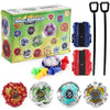 A set of metal gyro spinning tops and launchers in various colors, including red, purple, green, and silver.