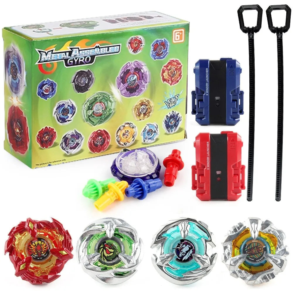 A set of metal gyro spinning tops and launchers in various colors, including red, purple, green, and silver.