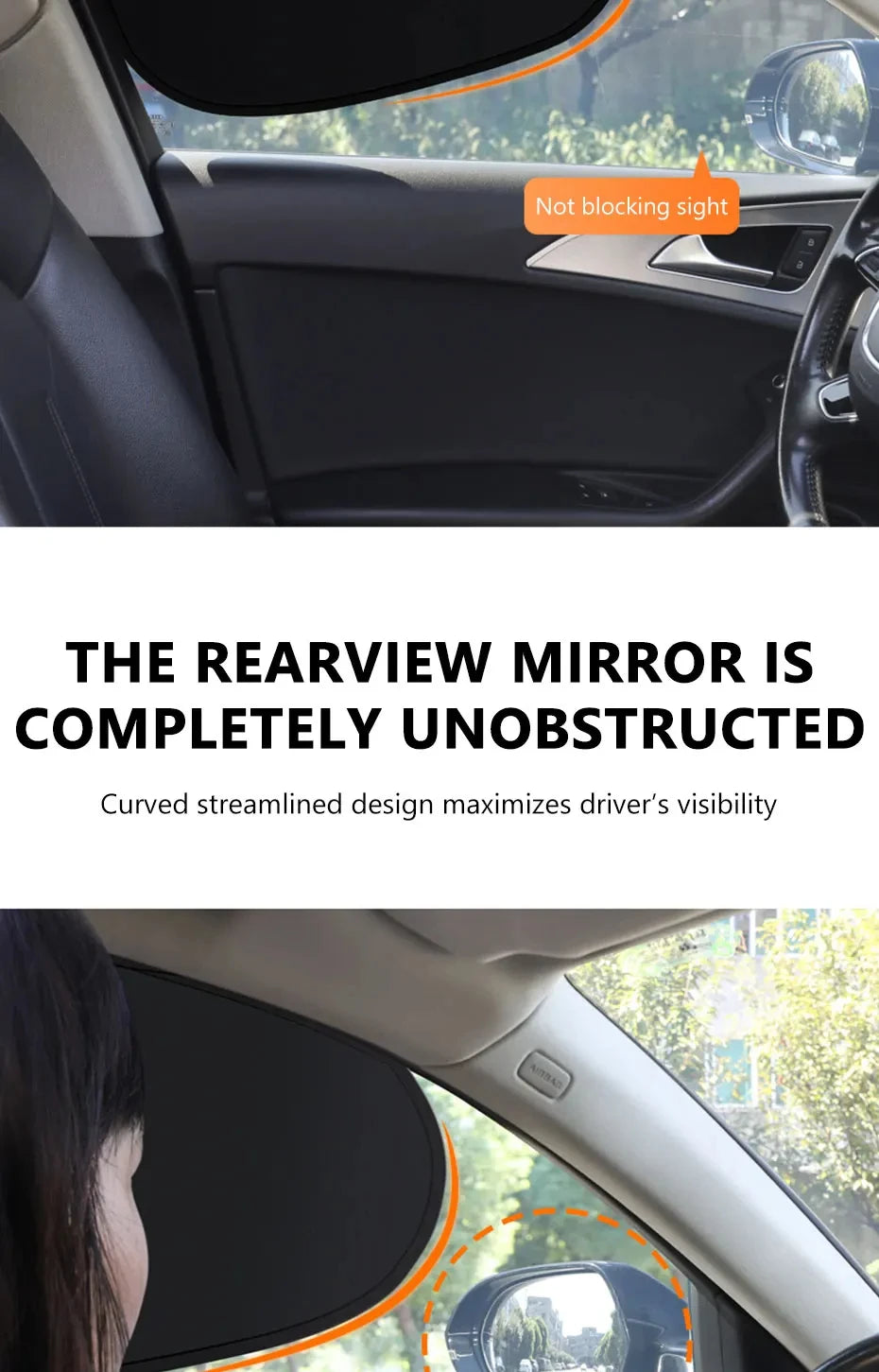 A rearview mirror is shown in a car interior, highlighting its unobstructed view for improved driver visibility.