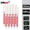 A set of ten white long markers with red tips used for woodworking and construction