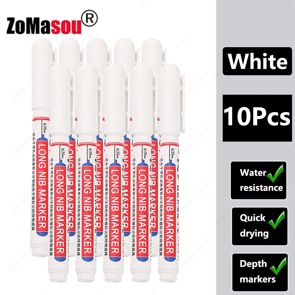 A set of ten white long markers with red tips used for woodworking and construction