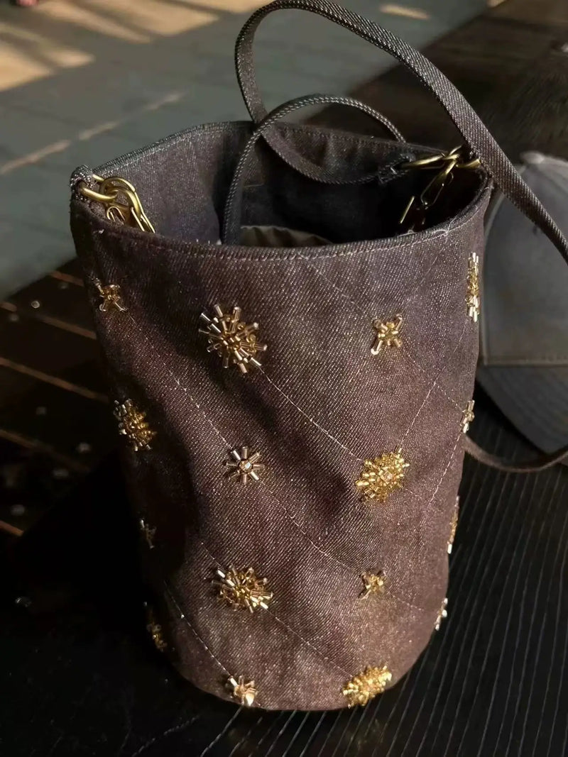 Handmade Beaded Denim Crossbody Bag
