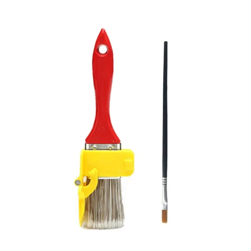 Red and yellow precision edging paint brush with a black trimmer and bristles