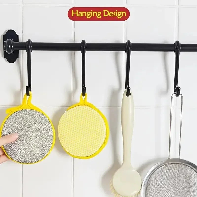 A hanging design display of various yellow and gray double-sided microfiber cleaning cloths on a black bar.