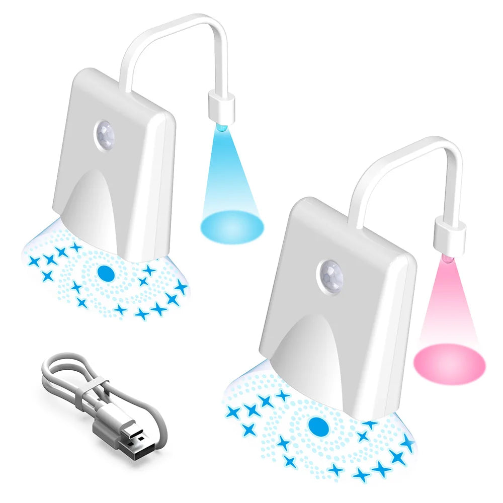 A rechargeable motion sensor toilet night light with a flexible arm and a light source, shown next to its charging cable.