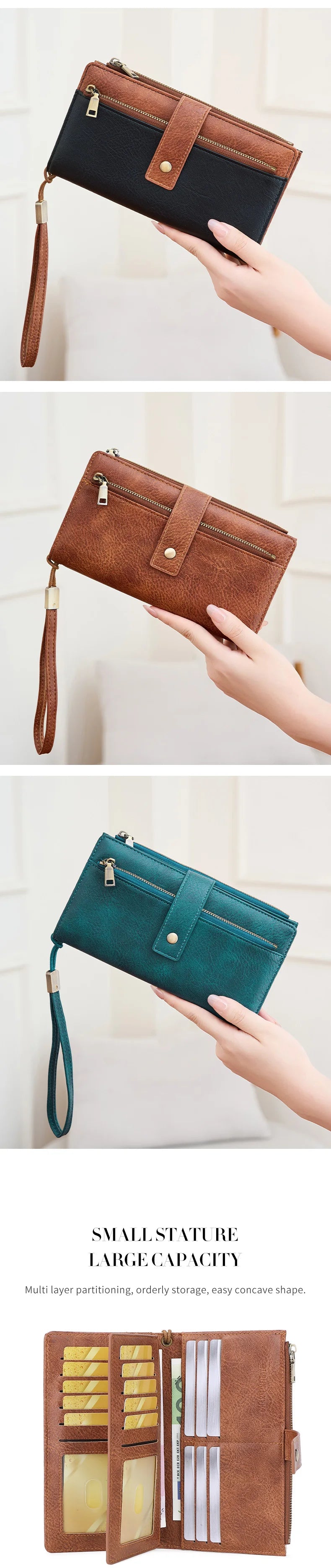 A brown leather bifold wallet with a zip-around closure and wristlet strap is shown open, displaying multiple card slots.