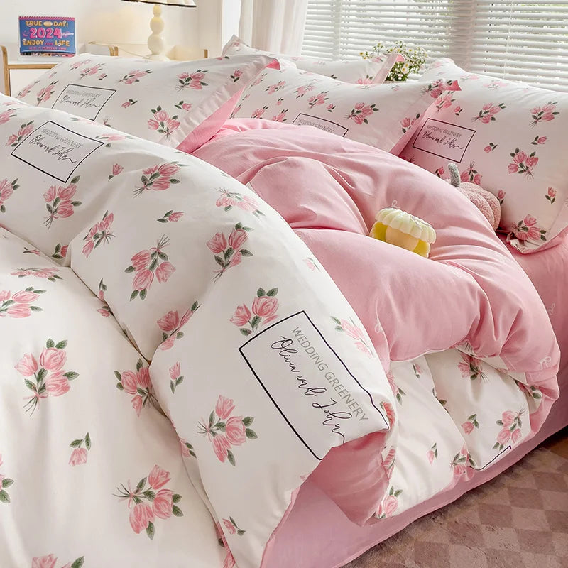 Floral Print 100% Cotton Duvet Cover Set with Two Pillow Shams