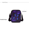 A purple backpack featuring a butterfly design with black shoulder straps and a zip closure.