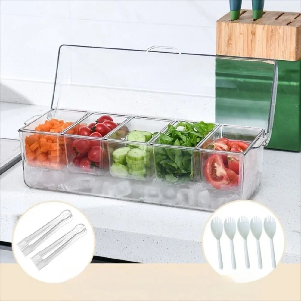 A clear plastic 5-compartment chilled condiment server with an ice base holding various fresh vegetables.