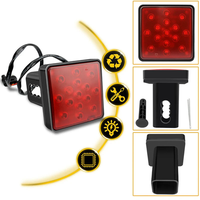 A universal 12V LED trailer tail light with brake and running functions shown with its wiring and components.