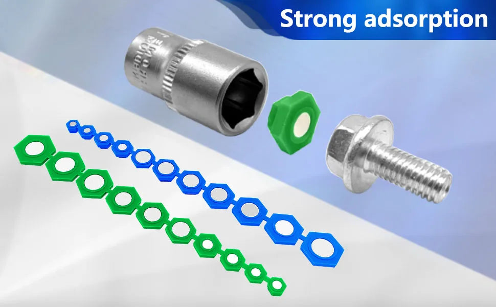 A set of 21 magnetic sockets with color-coded hexagonal inserts and a metal wrench.
