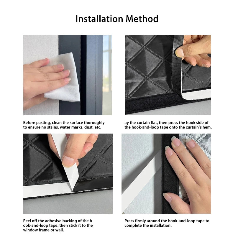 Installation method showing how to attach a thermal insulated door curtain using hook-and-loop tape