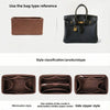 A black felt bag organizer insert showing different styles including a minimalist and side zipper model.