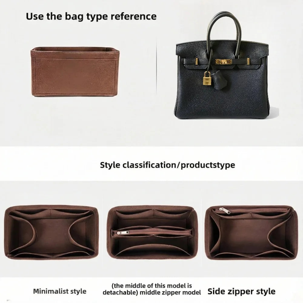 A black felt bag organizer insert showing different styles including a minimalist and side zipper model.