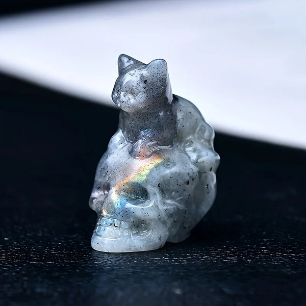 Hand-Carved Crystal Cat Skull Figurine