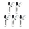 A set of five silver and black travel-friendly refillable perfume spray bottles shown from the side.