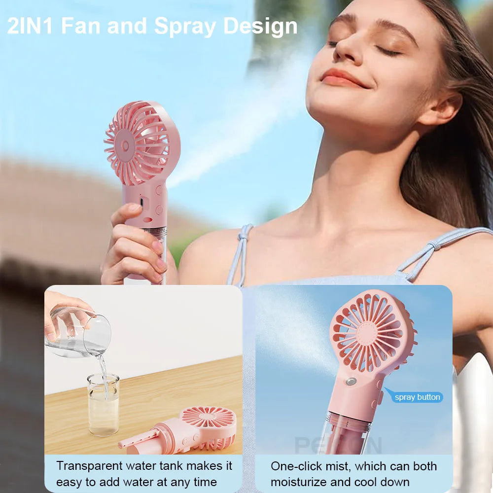 A woman is using a 2-in-1 fan and spray design for misting, showing the transparent water tank and a spray button.