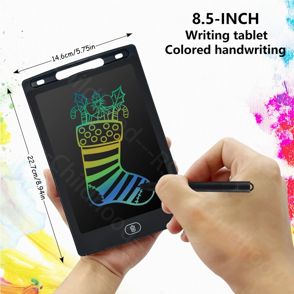 A hand holds an 8.5-inch LCD writing tablet displaying a green drawing of a Christmas tree on a black background.
