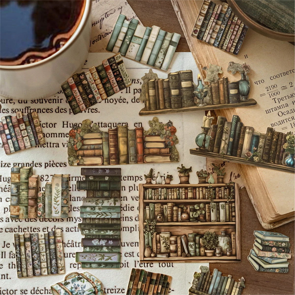 A collection of vintage-style die-cut stickers and small books arranged on a wooden surface.