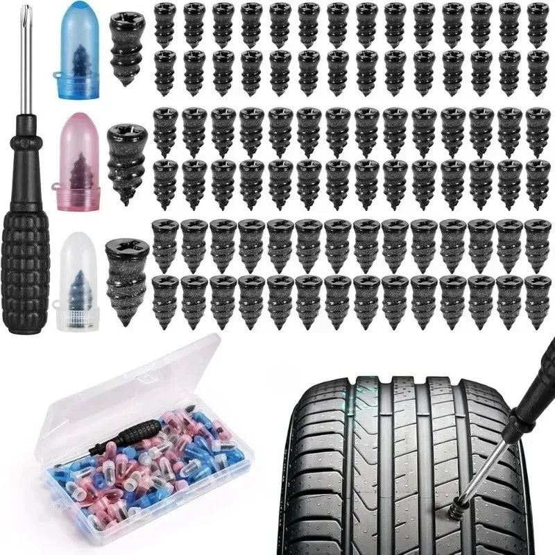 Emergency tire repair kit showing rubber screw patches, a screwdriver, and a tire tread.