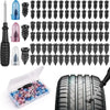 Emergency tire repair kit showing rubber screw patches, a screwdriver, and a tire tread.