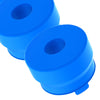 A close-up view of three bright blue reusable silicone water jug caps.