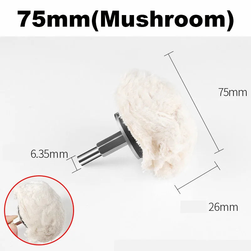 A fluffy white mushroom-shaped buffing wheel with a 75mm diameter and a 6.35mm shank is shown for polishing.