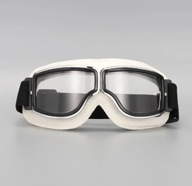 A pair of white retro foldable motorcycle goggles with black trim and windproof lenses.