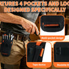 A hand is holding a black tool pouch with four pockets and loops, featuring a multi-pocket design, tape device, and roulette 