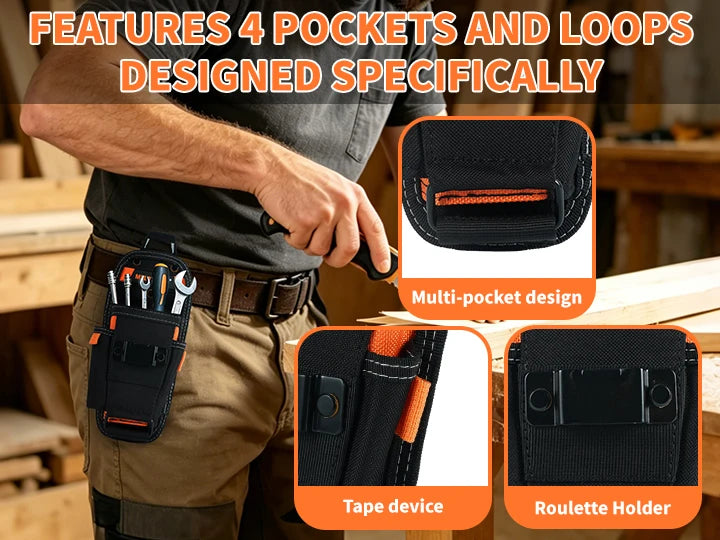 A hand is holding a black tool pouch with four pockets and loops, featuring a multi-pocket design, tape device, and roulette 