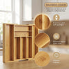 A wooden bamboo utensil drawer organizer showing fine natural texture and elegant craftsmanship.