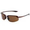 Brown rimless polarized sports sunglasses with a dark brown lens and lightweight frame