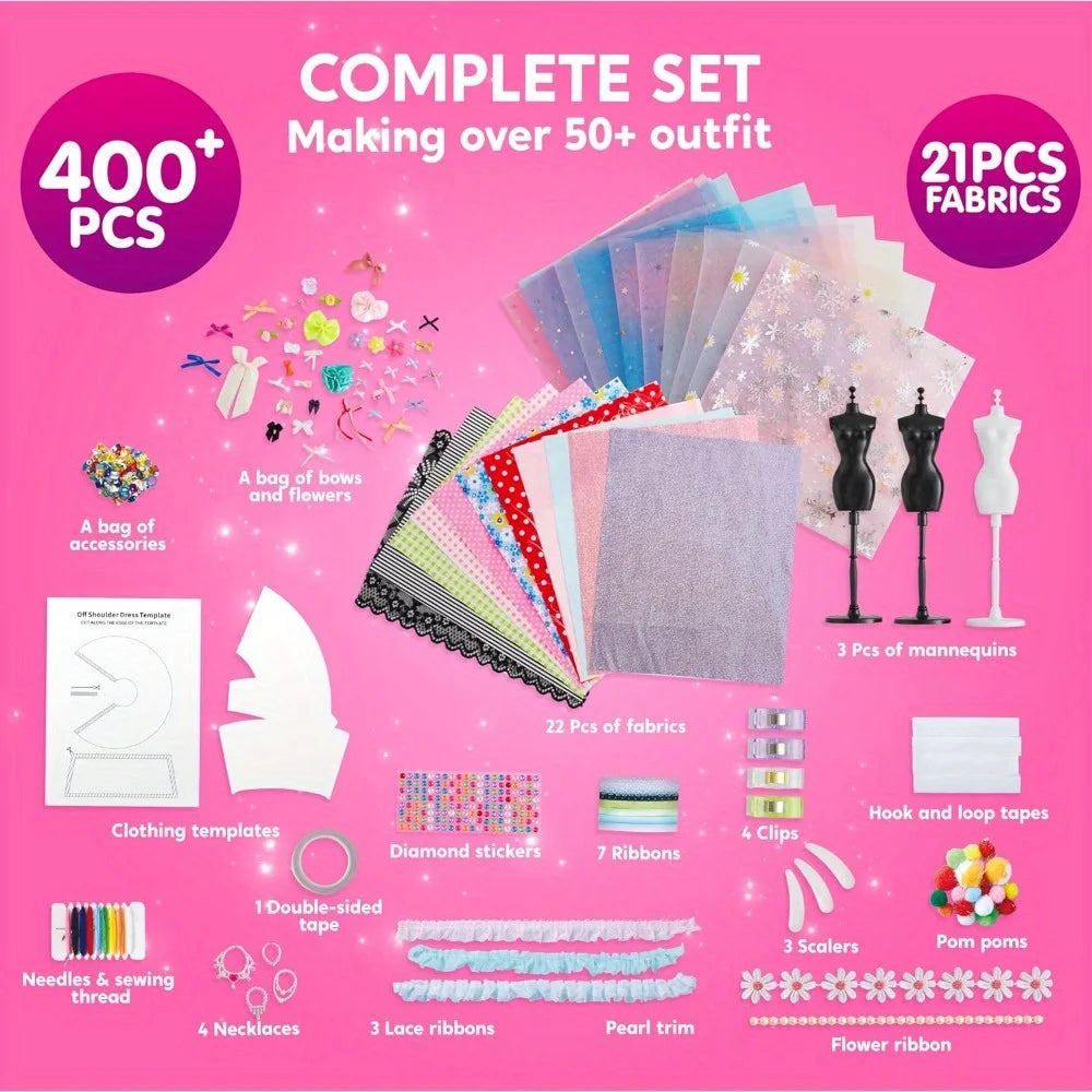 Fashion Design Craft Kit for Girls – 400+ Pieces with 3 Mannequins, No Sewing