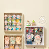 A wall-mounted display case showing various collectible dolls and figures in clear plastic packaging.