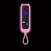 A pink glow-in-the-dark silicone cat ear remote control cover with a flexible cord.