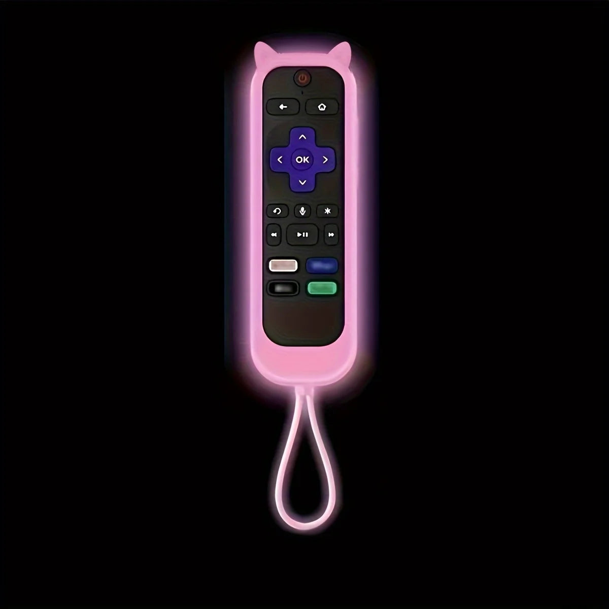 A pink glow-in-the-dark silicone cat ear remote control cover with a flexible cord.