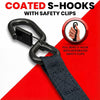 Coated S-hooks with safety clips attached to a black strap for tie-down purposes.