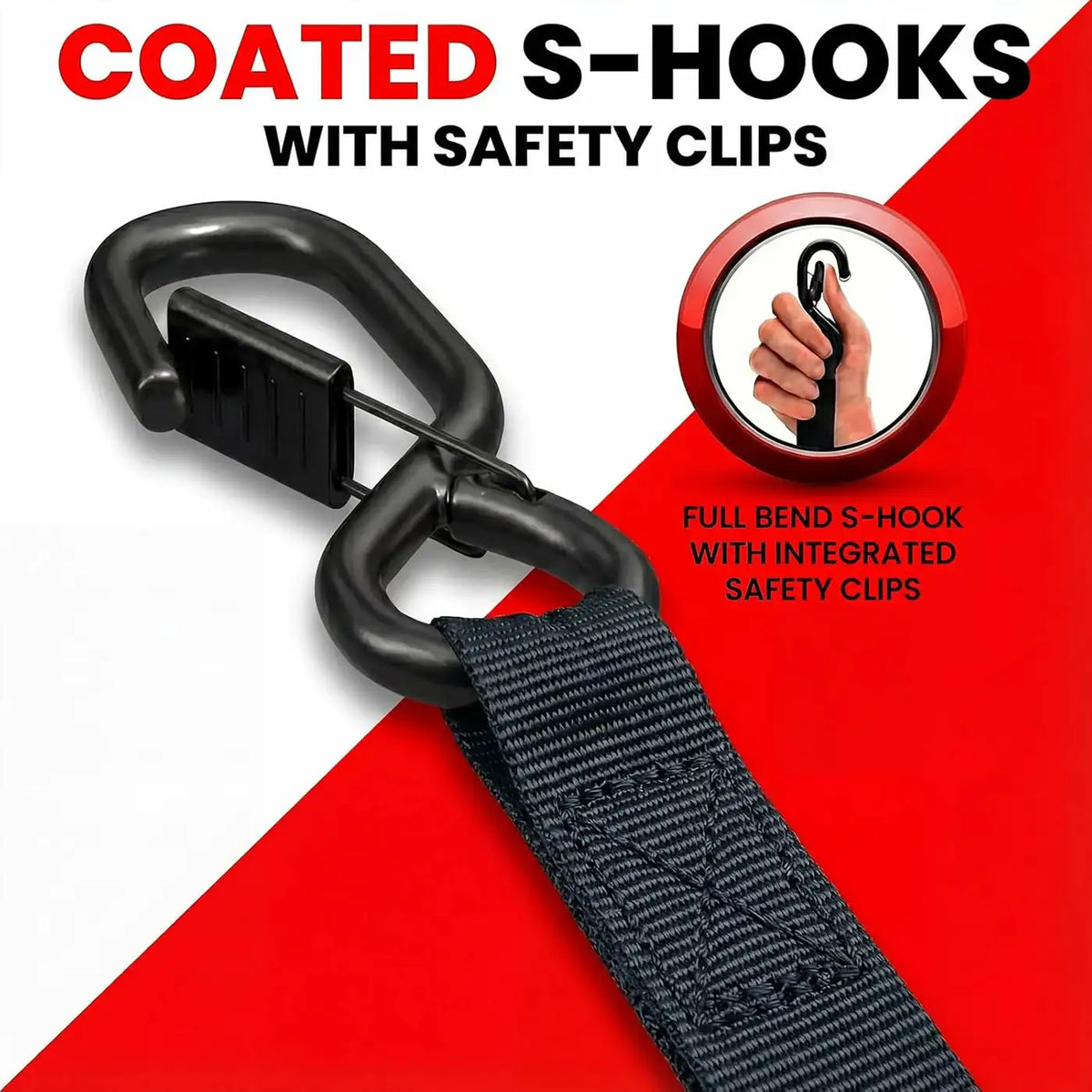 Coated S-hooks with safety clips attached to a black strap for tie-down purposes.